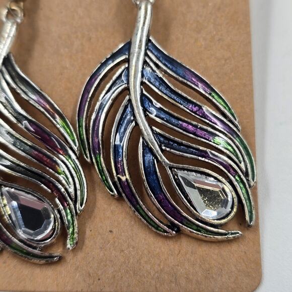 2 Set of Earrings Feather Shape Enameled Rhinestone & Avon Boho Weave Multicolor - Picture 9 of 12